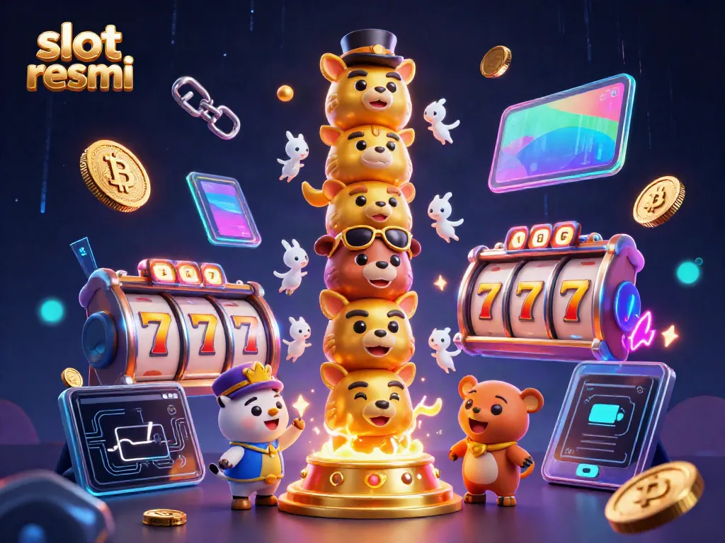 Experience top-tier entertainment at slot resmi with popular casino games and crypto elements in a vibrant illustration.