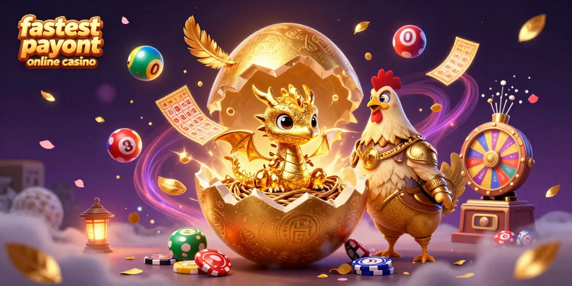 Engage in fast fun at the fastest payout online casino with a golden dragon amid vibrant lottery elements and gold.