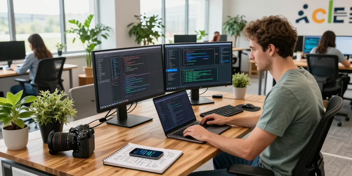 Developer coding in a modern tech workspace at the WPS Official Website, showcasing dual monitors and a vibrant office atmosphere.