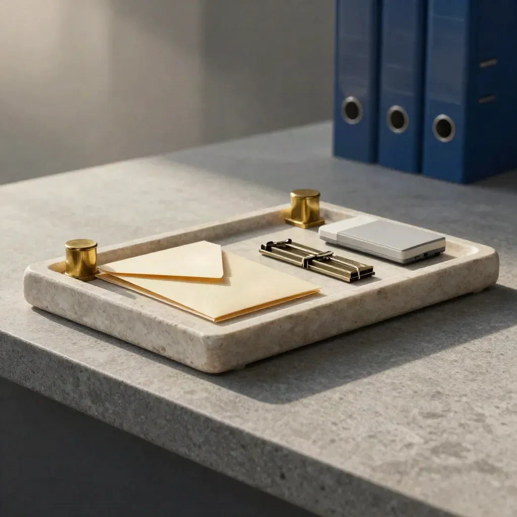 Stone ledger tray with brass weights, receipt clips and card reader on misty limestone