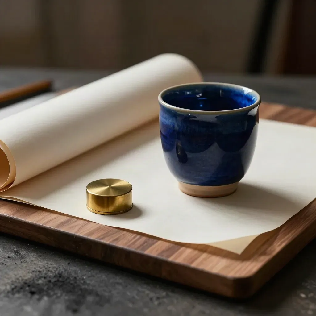 Ceramic pigment cup, tracing paper rolls, and brass paperweight on walnut under dramatic studio light.