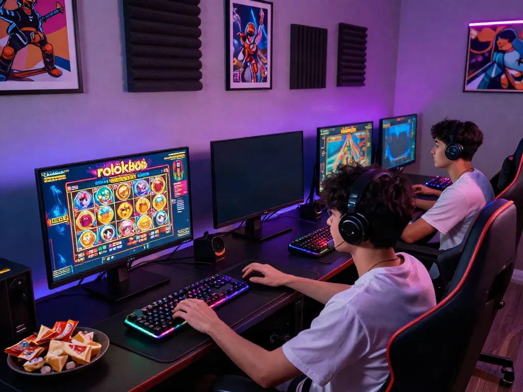 Engaging online gaming setup featuring rokok88 super theme on colorful monitors.