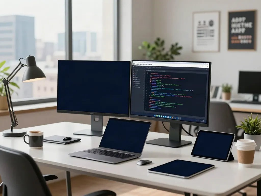 Developer showcasing GBWhatsApp APK download process in a modern tech workspace.