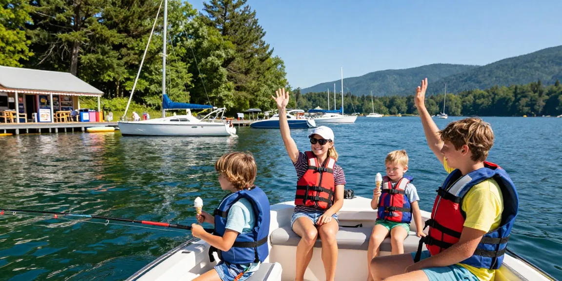 Boat motors for sale featured in a lively marina scene with families enjoying Kawagama Lake.