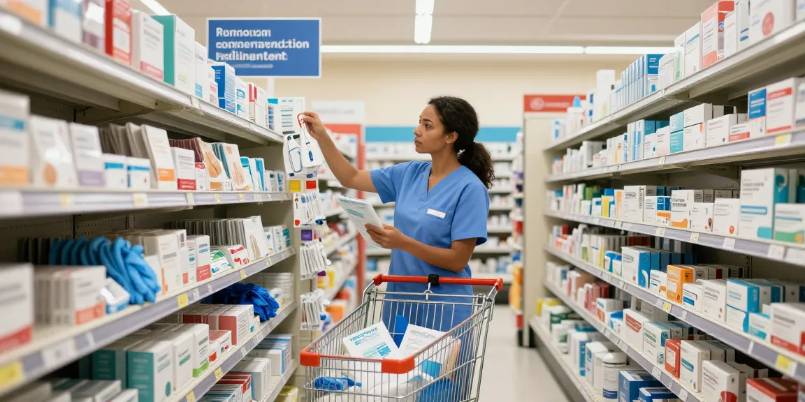 Medical supplies Quebec: Healthcare professional shopping for essential medical supplies in an organized retail environment.