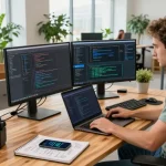 Developer coding in a modern tech workspace at the WPS Official Website, showcasing dual monitors and a vibrant office atmosphere.