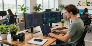 Developer coding in a modern tech workspace at the WPS Official Website, showcasing dual monitors and a vibrant office atmosphere.