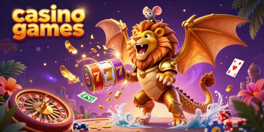 Engage with thrilling casino games illustrated by a roaring chimera and vibrant game symbols in action.