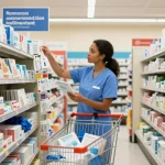 Medical supplies Quebec: Healthcare professional shopping for essential medical supplies in an organized retail environment.